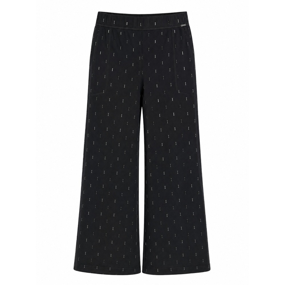 St. John Spa Jersey Knit Pants Black Shine Embellished Wide Leg Cropped L